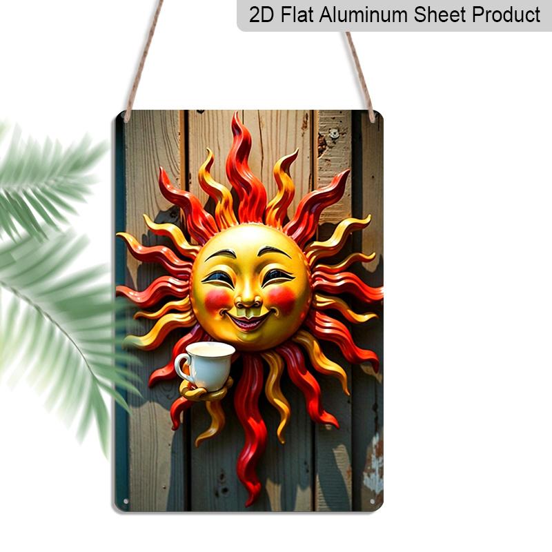 2D Flat, 1pc Vintage Embossed Metal Sign - Vibrant Sun Face with Coffee Cup Metal Wall Art, Rustic Aluminum Outdoor Decor for Garden, Patio, Porch