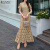 ZANZEA Women Summer Round Neck Short Sleeve Elegant Lace Fishtail Dress