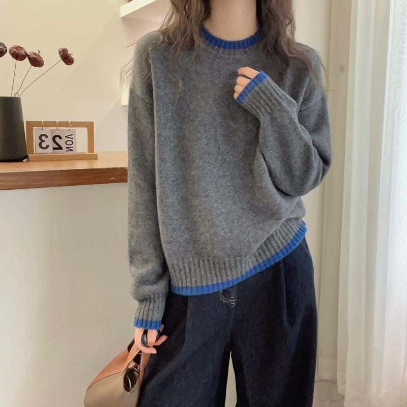 

Женский вязаный свитер с круглым вырезом, сочетающийся по цвету, новый осенне-зимний, свободного повседневного стиля, с длинными рукавами, женский пуловер one size fits all синий
