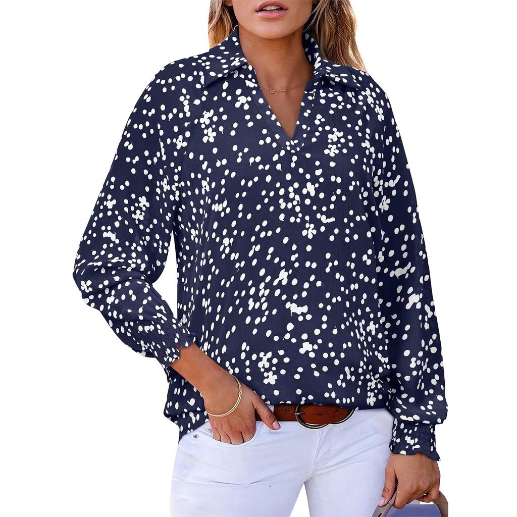 Damen Oberteile V-Ausschnitt Langarm Gepunktet Gedruckt Kordelzug Bluse