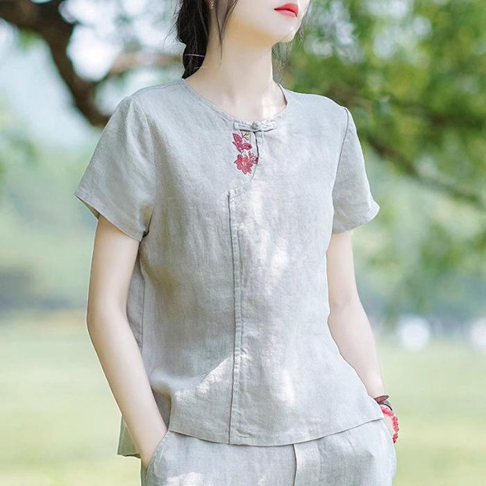 Tricou Stil Chinezesc Bumbac și In Retro Femei Vară Nou Top Lejer Casual Mâneci Scurte