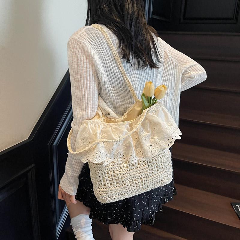 Straw Woven Summer Solid Color Shoulder Bags Lace Large Capacity Ladies Bags 2026 High Quality Hollow Out Women's Handbags