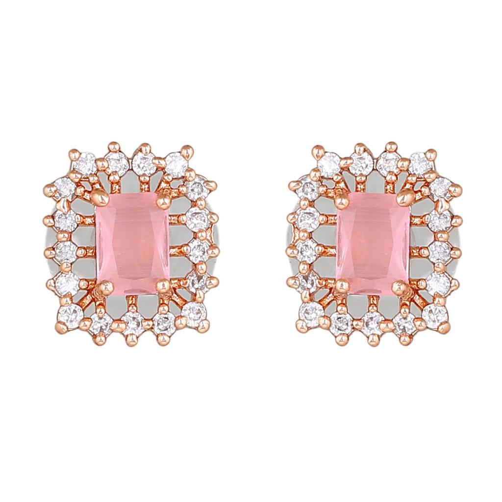Estele Rose Gold Plated Mint Pink Stones Square Designer Stud Earrings For Women