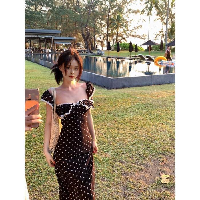 

French new waist strap slim square collar summer lace small flying sleeve a word polka dot dress XL
