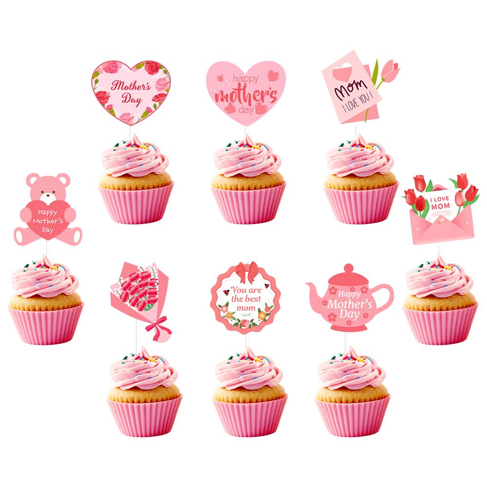 12/24pcs Happy Mother's Day Cake Toppers Pink Mom Letter Flower Decorative Mothers Day Gift Birthday Party Cake Dessert Decor