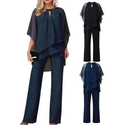 2 Teile/satz Frauen Einfarbig Chiffon Outfit Aushöhlen Batwing Hülse Rüschen Unregelmäßigen Saum Tops Hohe Taille Breite Bein Lange hosen Set