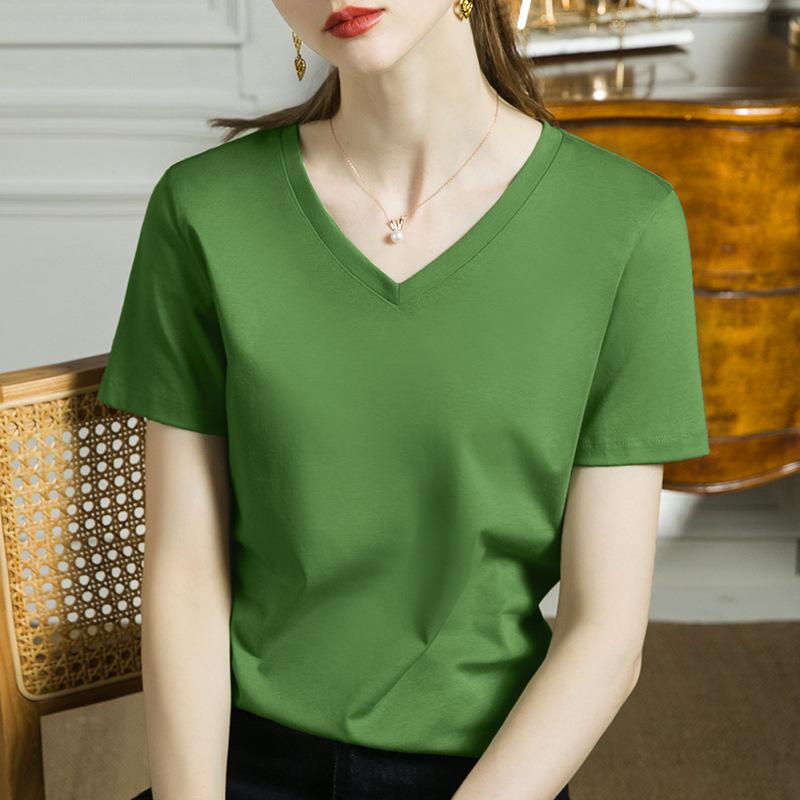 Skin-friendly support cool feeling double mercerized cotton slim fit solid color simple female slim short sleeve, white T