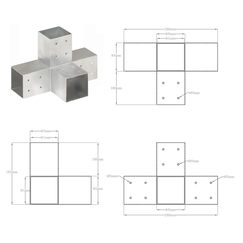 X Shape Post Connector Galvanized Metal 81 x 81 mm