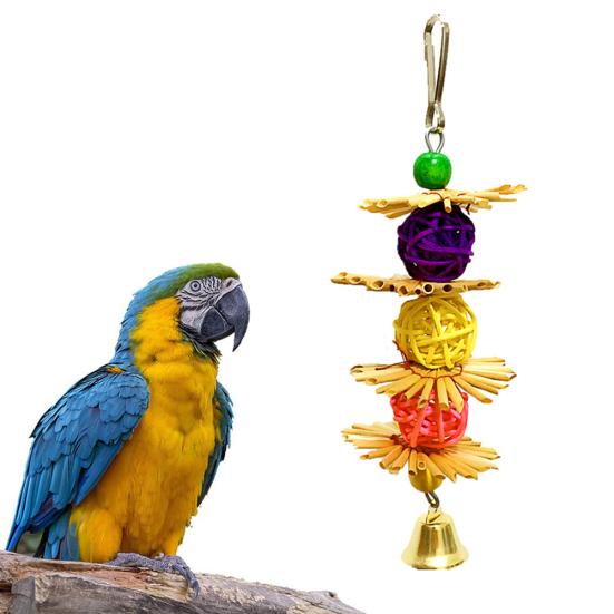 Pet Bird Parrot Rattan Ball Bell Swing Hanging Climbing Cage Decor Bite Chew Toy