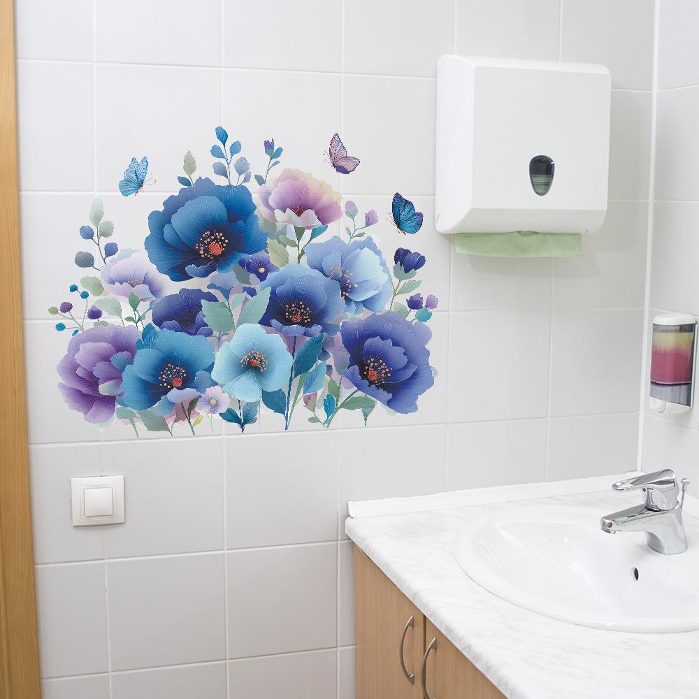 Hand-Painted Blue Purple Floral and Butterfly Wall Sticker Elegant Dreamy Self-Adhesive Removable Decor for Bedroom Home