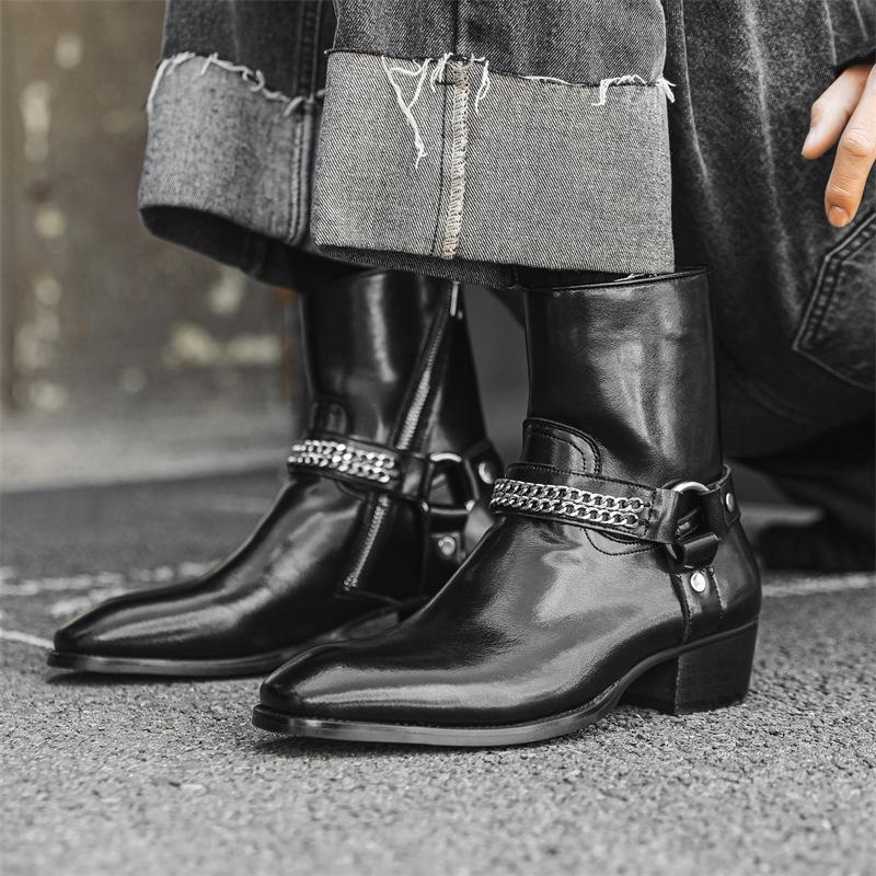mens luxury fashion high chelsea boots designer pointed toe shoes cowboy genuine leather boot punk hip hop long motorcycle botas
