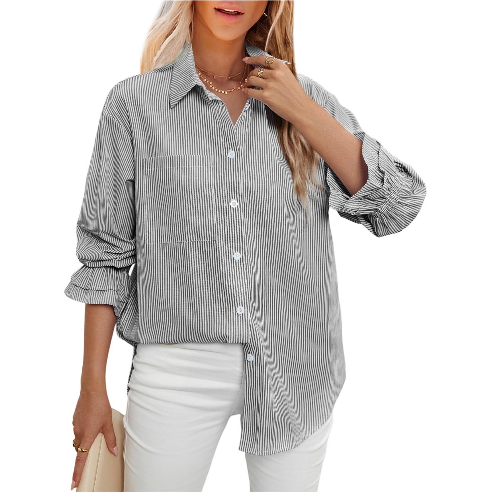 Fashionable Women s Striped Casual Shirt Tops Long Sleeve Shirt L чёрный