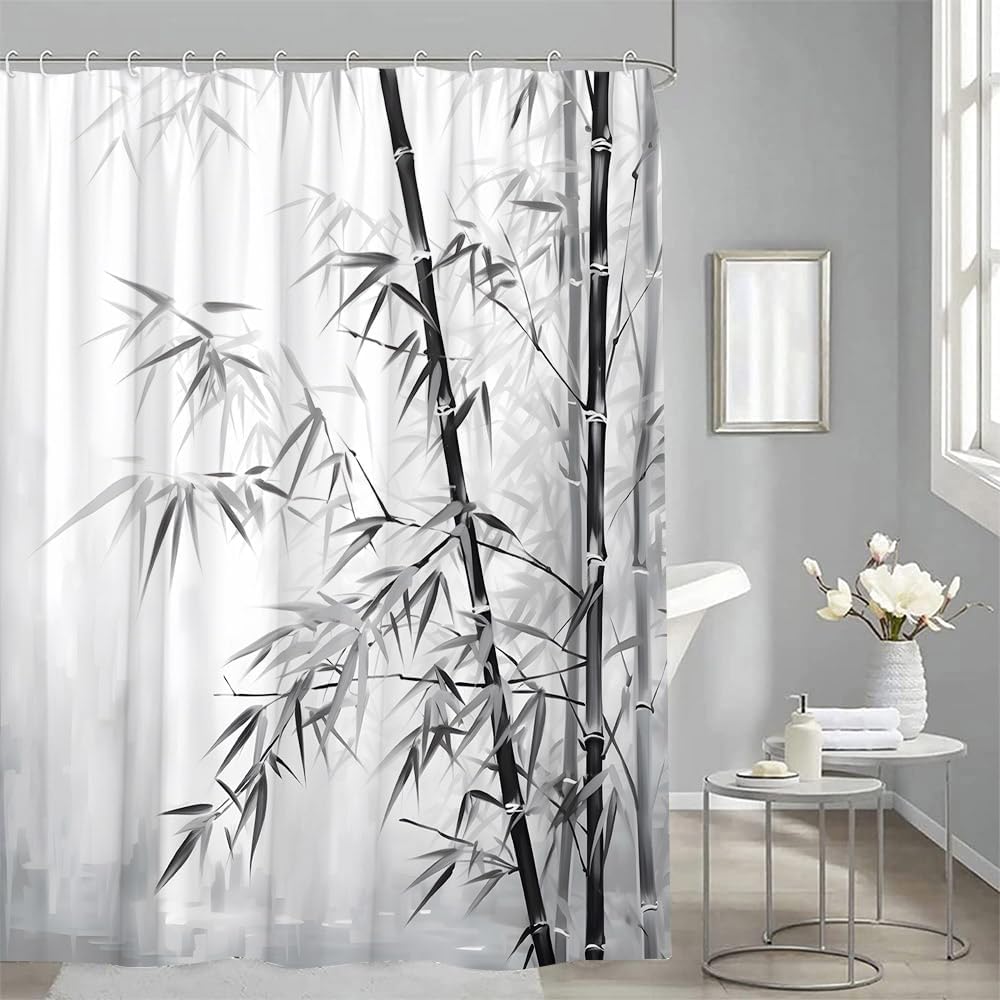 Annier Grey/Black Asian Bamboo Shower Curtain Ink Painting Leaves Chinese Japanese Rustic Vintage Watercolor Bathroom Decor Curtains