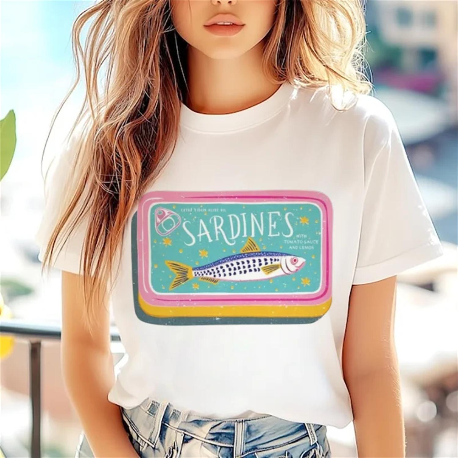 

Sardine Printed Casual Style Clothing Regular Cartoon Cute Short Sleeve Women s Top Popular New Beach Travel Summer T-Shirt XXXXXL білий