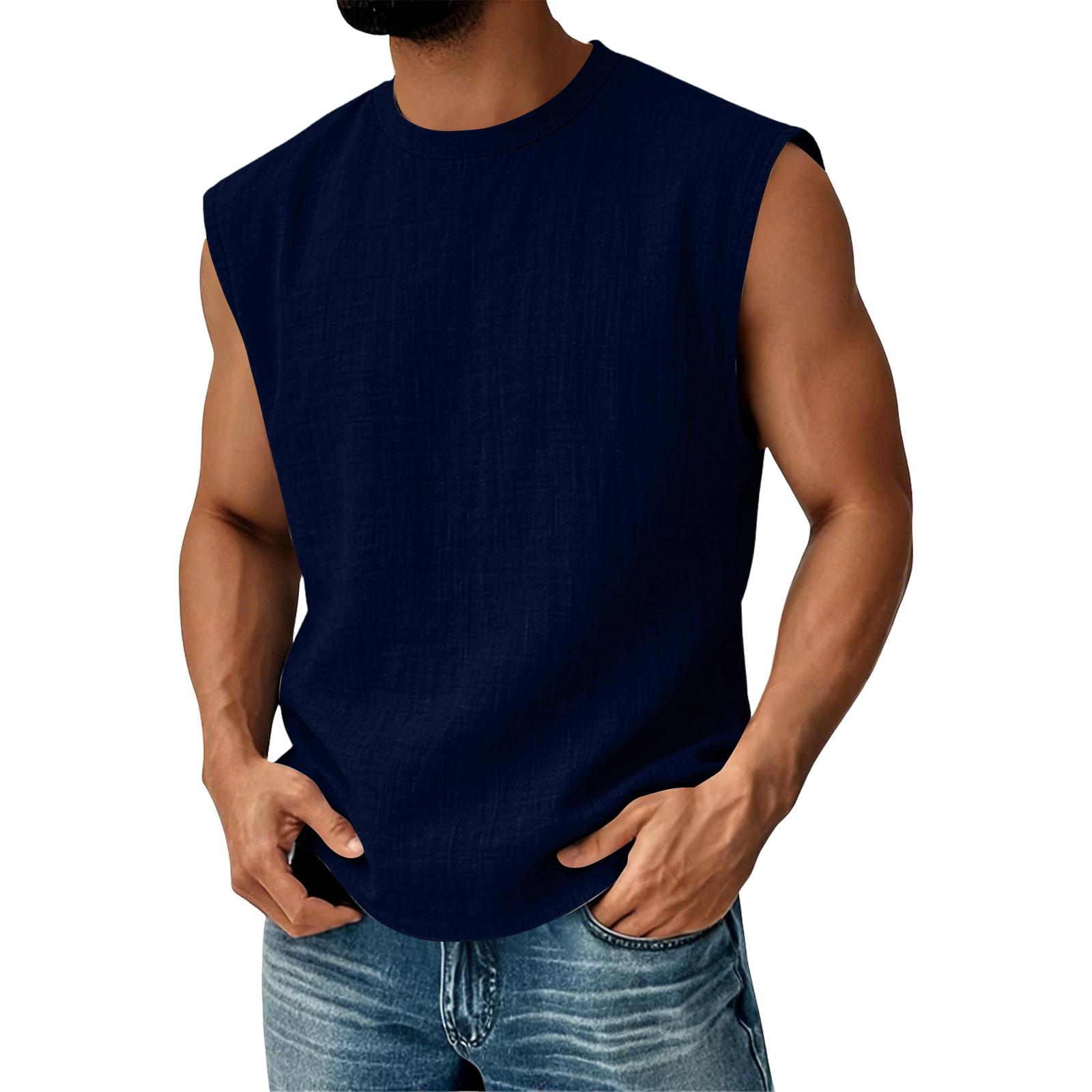 

Men’s Sleeveless Crew Neck Relaxed Fit Linen Tank Top Casual Lightweight Summer Shirt XL Темно-синій