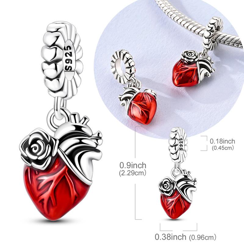 925 Silver Bead Charms Rose Red Heart Pendant Fit Bracelet Necklace For Women DIY Jewelry Gift