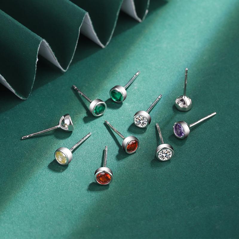 Classic Colored Round Full Diamond Stud Earring For WomenTopaz Ruby Amethyst Emerald Original Sterling Silver Gift Part Jewelry