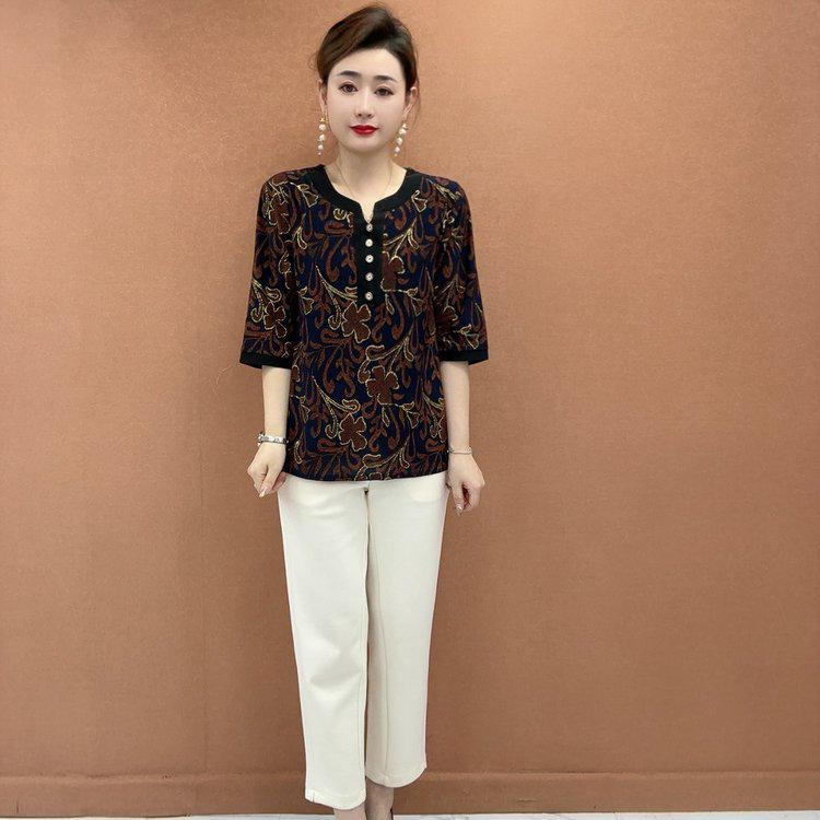 Elegant Women's Plus Size Printed Seven-Sleeve Top