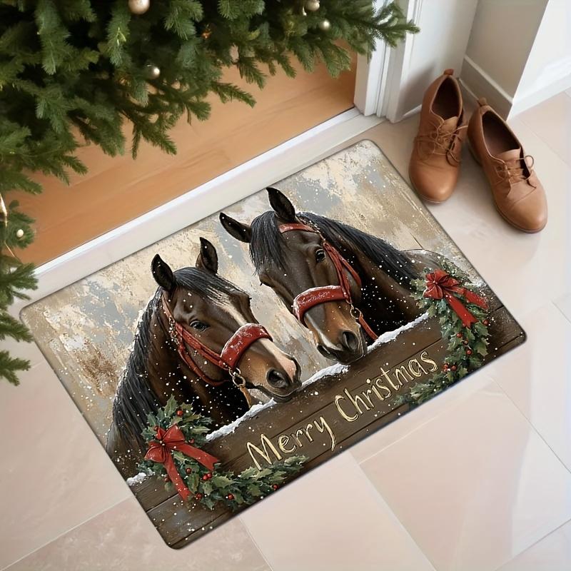 Christmas Horse Santa Hat Doormat,"Merry Christmas" Text Flannel Machine Washable Non-Slip Rug Kitchen Living Room Holiday Decor