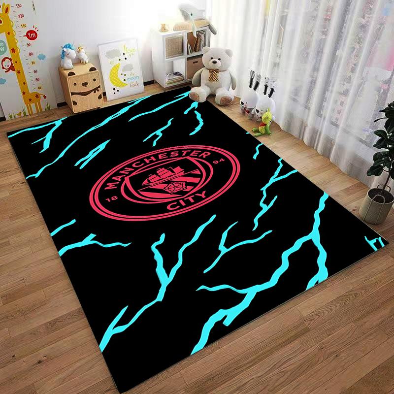 Alfombra con Logo del Manchester City con Rayas Azul Neón sobre Fondo Negro Adecuada para usar como antideslizante para sofás de sala de estar y dormitorio