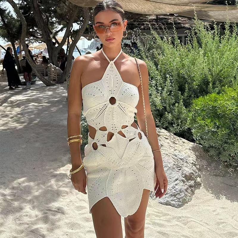 

Western Style Fashion Hanging Neck Asymmetric Sexy Cut-out Dress Hollow Neck Hanging Dress White S