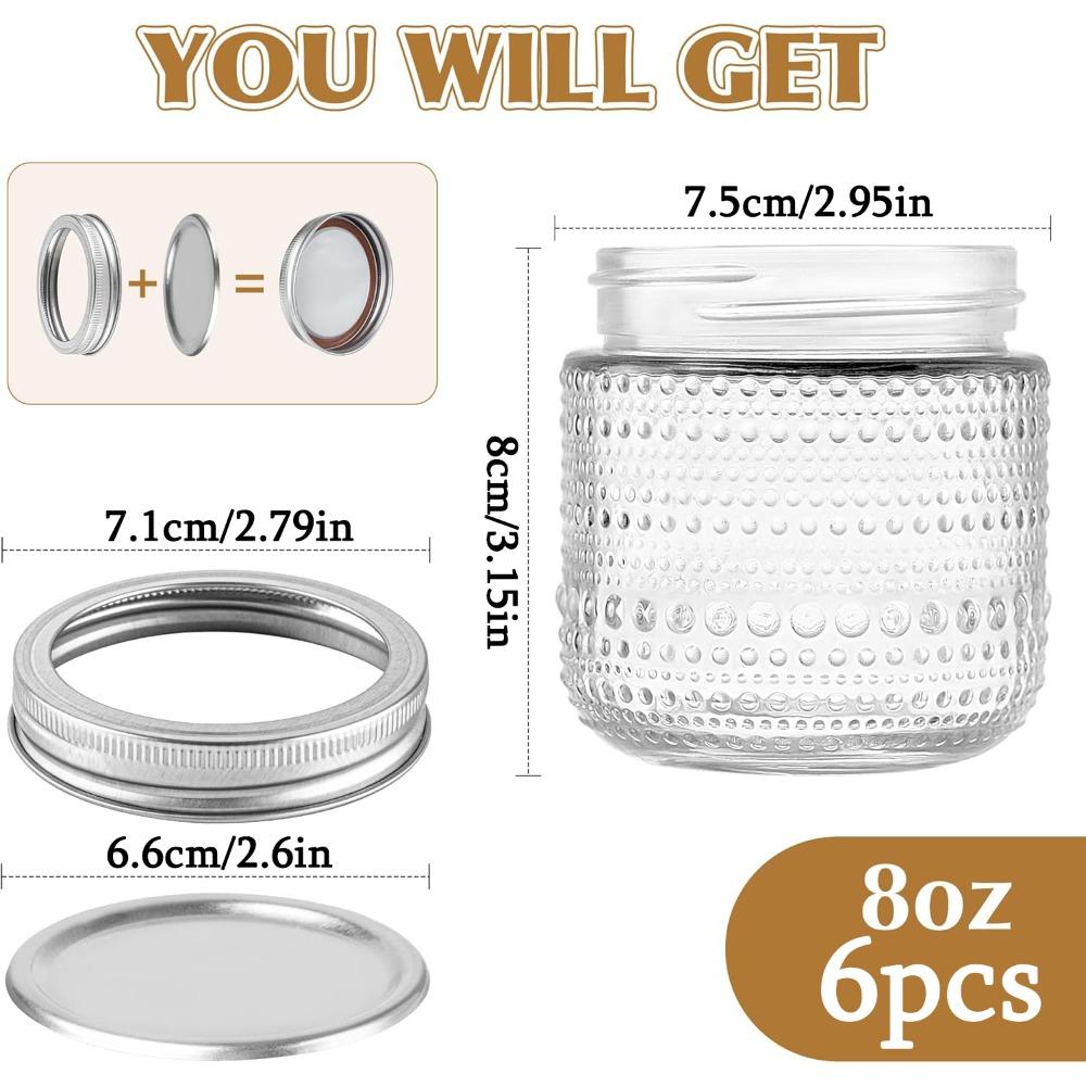 

6pcs Mason Jars 8 Oz with Lids Vintage Small Glass Canning Jars with Silvery Metal Lids for Storing Pickling Honey Jam Home Decor Candle 6pcs