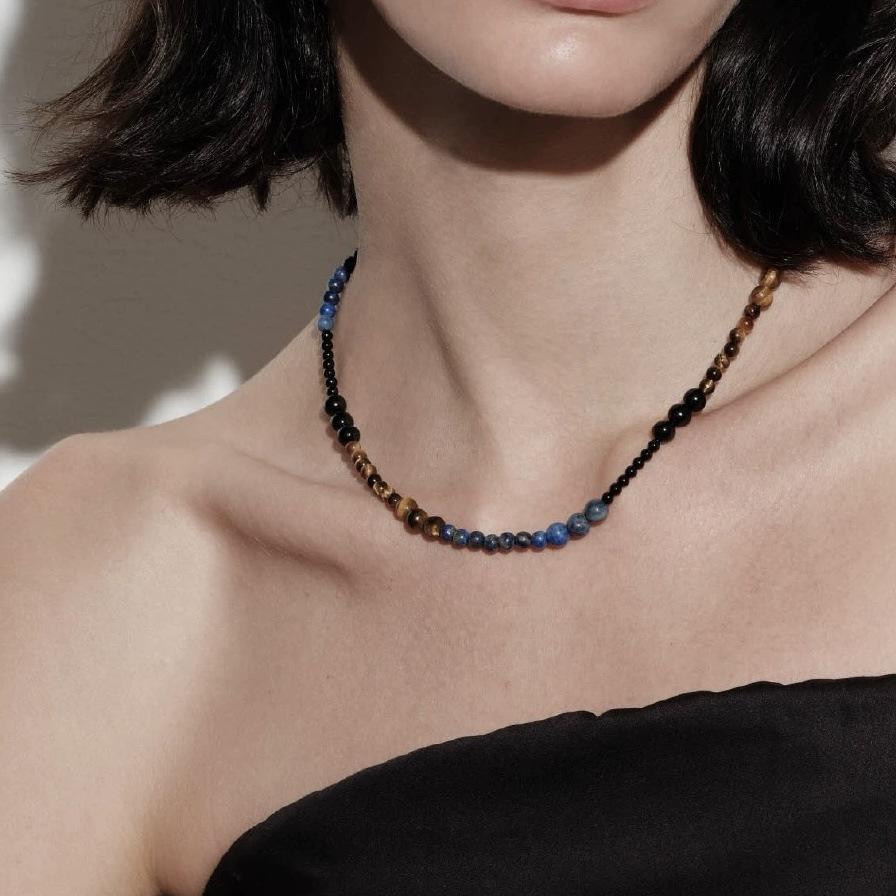 Black Agate, Tiger s Eye, Lapis Lazuli, Natural Color Beaded Necklace, Fashionable Premium Maillard Collarbone.