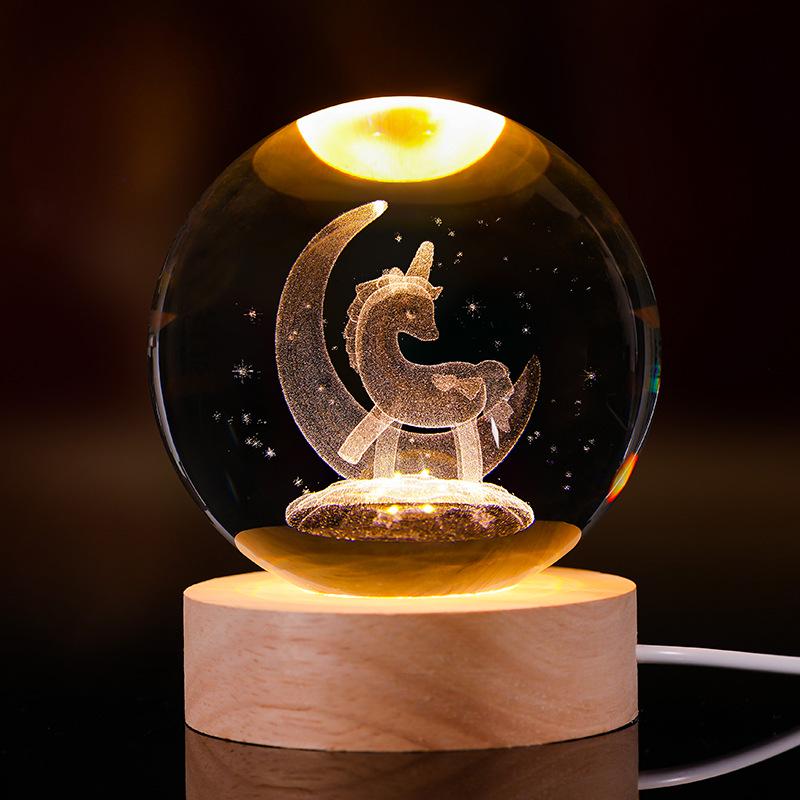 3D Starry Sky Crystal Ball Night Light with Solid Wood Base - Luminous Desktop Ornament & Birthday Gift