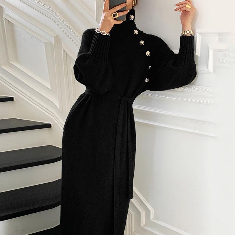 Women's Casual Long Sweater 2023 Autumn Winter New Fashion Korean Lace-up Waist Knitted Dress Loose Pullover Turtleneck Jumpers