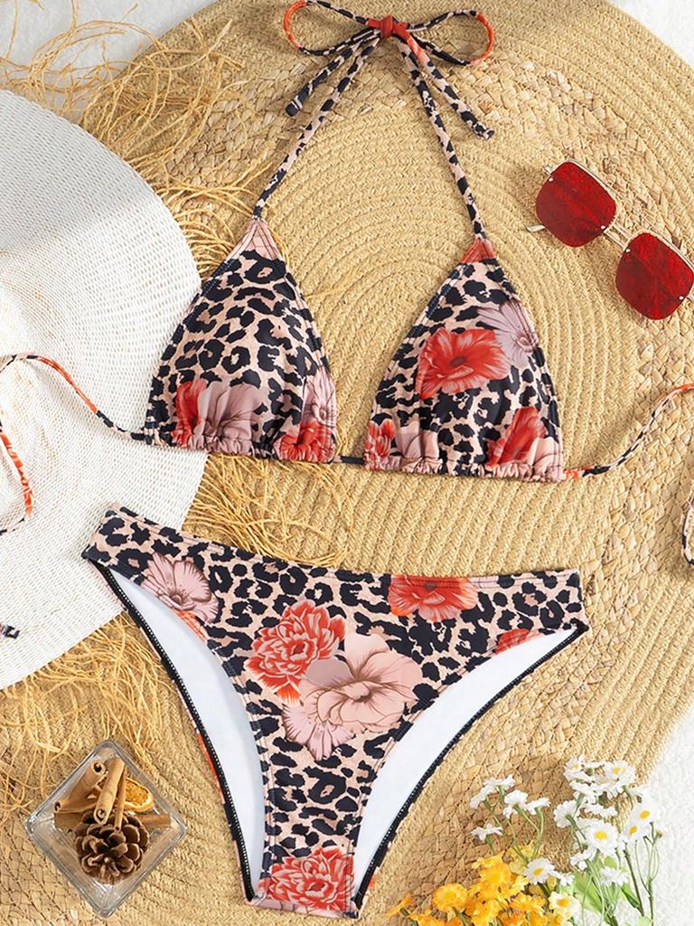 Two Piece Bikini Set with Adjustable Tie Straps Floral Print Triangle Top and High Cut Bottom Swimwear for Women Beachwear / Poolwear