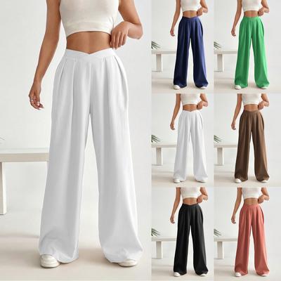 Hoch taillierte Damenhose mit geradem Bein, lässige, einfarbige Hose mit weitem Bein und seitlichem Reißverschluss