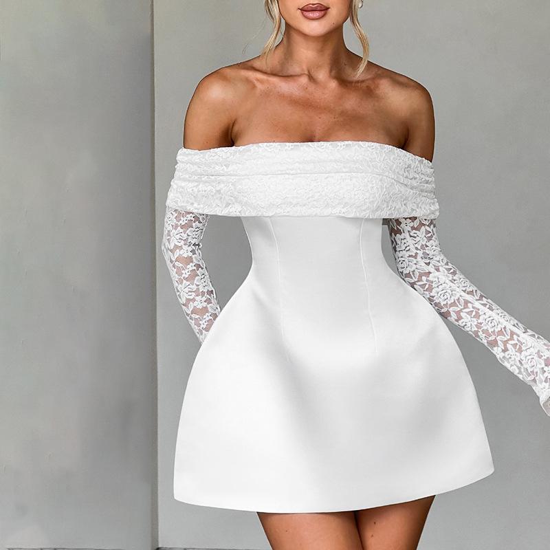 Giyu Sexy Mini Krátké Šaty Dámské Podzimní Krajka Patchwork Dlouhý rukáv Bez ramen Šaty bez zad Elegantní klubový společenský župan