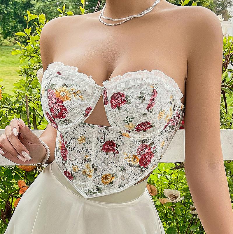 

Ladies Sexy Ins Wind Flower Lace Diamond Steel Ring Fishbone Tube Top Underwear Vest