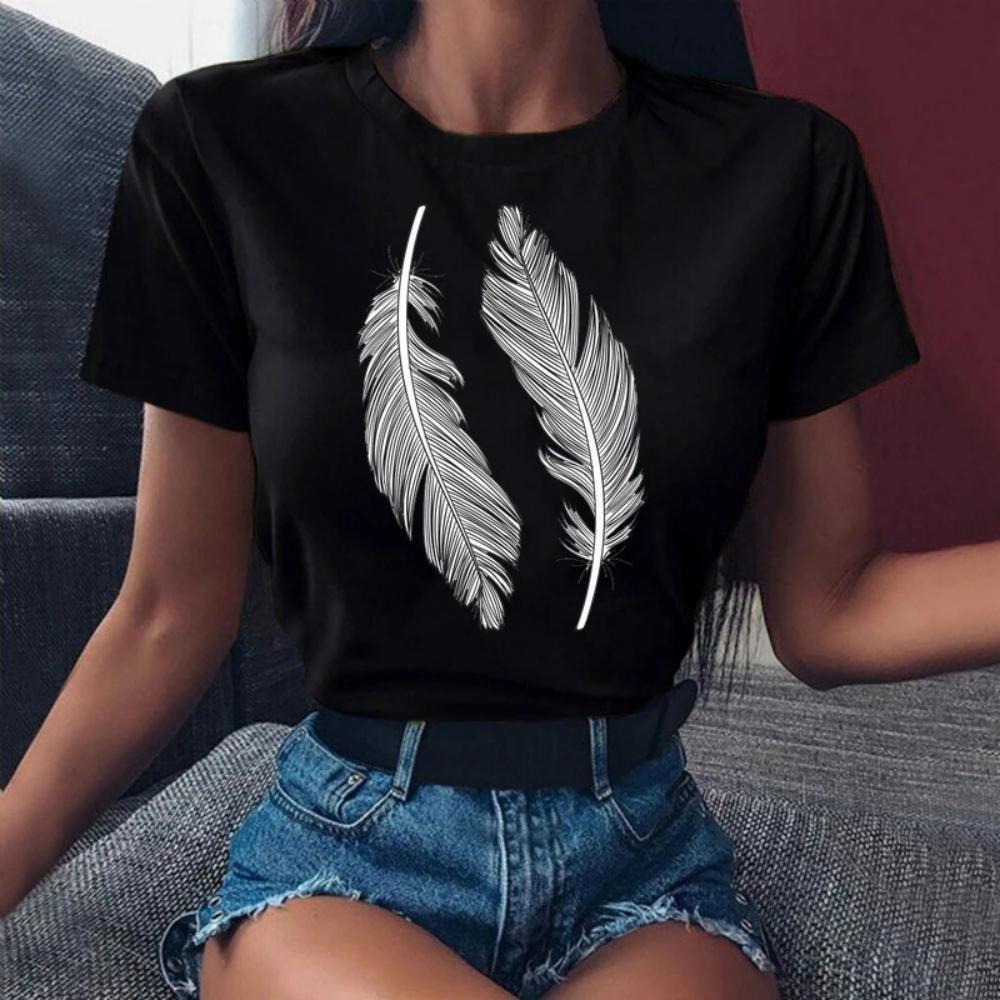 Creative Feathers Women Tshirt Fashionable White Feather Print Tshirt Durable Plussize Casual Tshirt Daily Streetwear