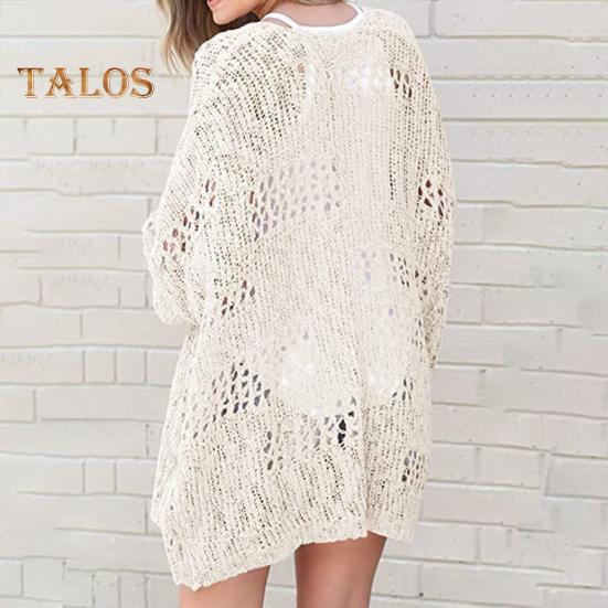 Women Knitted Coat Hollow Out Loose Long Sleeve Pure Color Knitwear Cardigan Mid Length Loose Elastic Spring Autumn Jacket