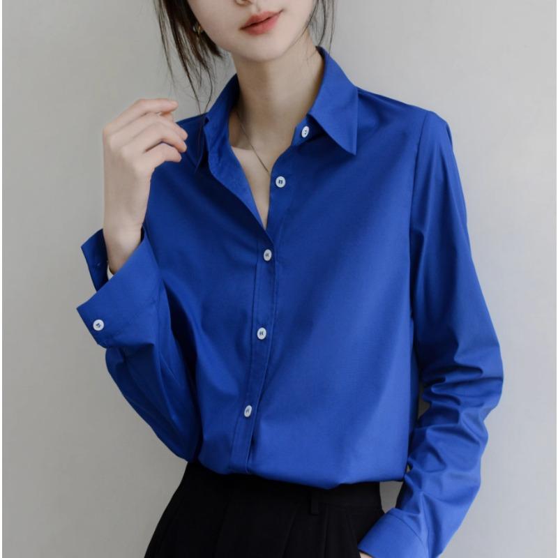 Royal Blue Loose Long Sleeve Turn Down Collar Single Breasted Casual Shirt For Women