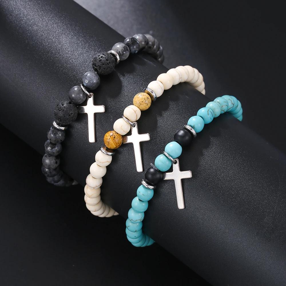Men's Cross Pendant Bracelet for Men and Women Elastic Yoga Christian Bracelet Men's Beaded Bracelet