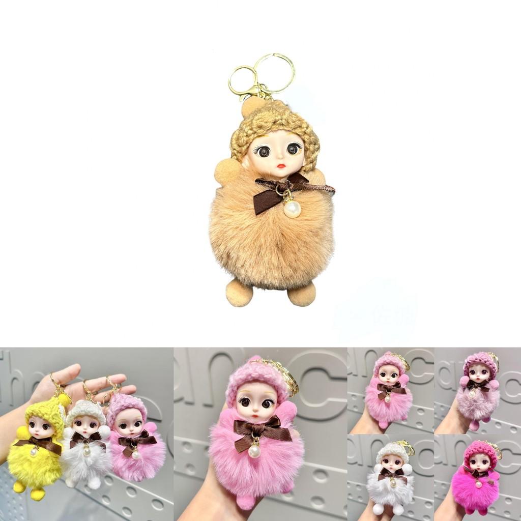 Soft And Cuddly Plush Big-eyed Doll Keychain Charm In Various Sweet Bow Colors