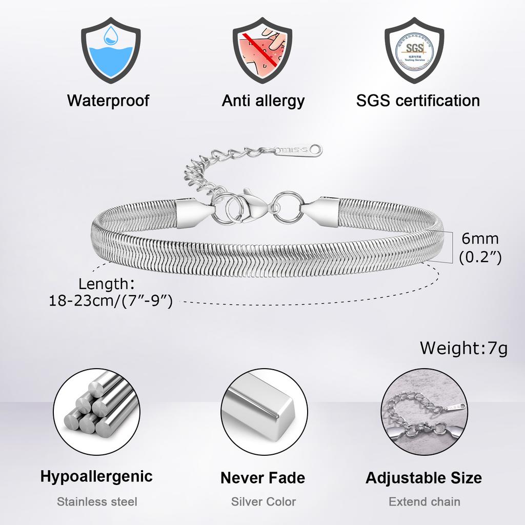 Xiaomi Vnox 6mm Unisex Flat Snake Chain Bracelets, Mens Women Herringbone Links Bracelet, Adjustable Stainless Steel Simple Jewelry
