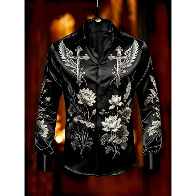 New Long Sword Black Wings Baroque 3D Printed Long Sleeve Shirt Smooth Satin Collar Men's Top Clothing