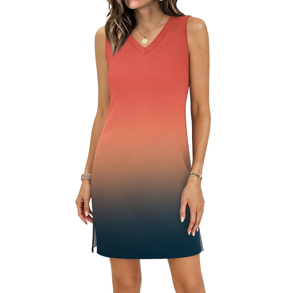 Women's Casual V-neck Sleeveless Split Hem Gradient Dress