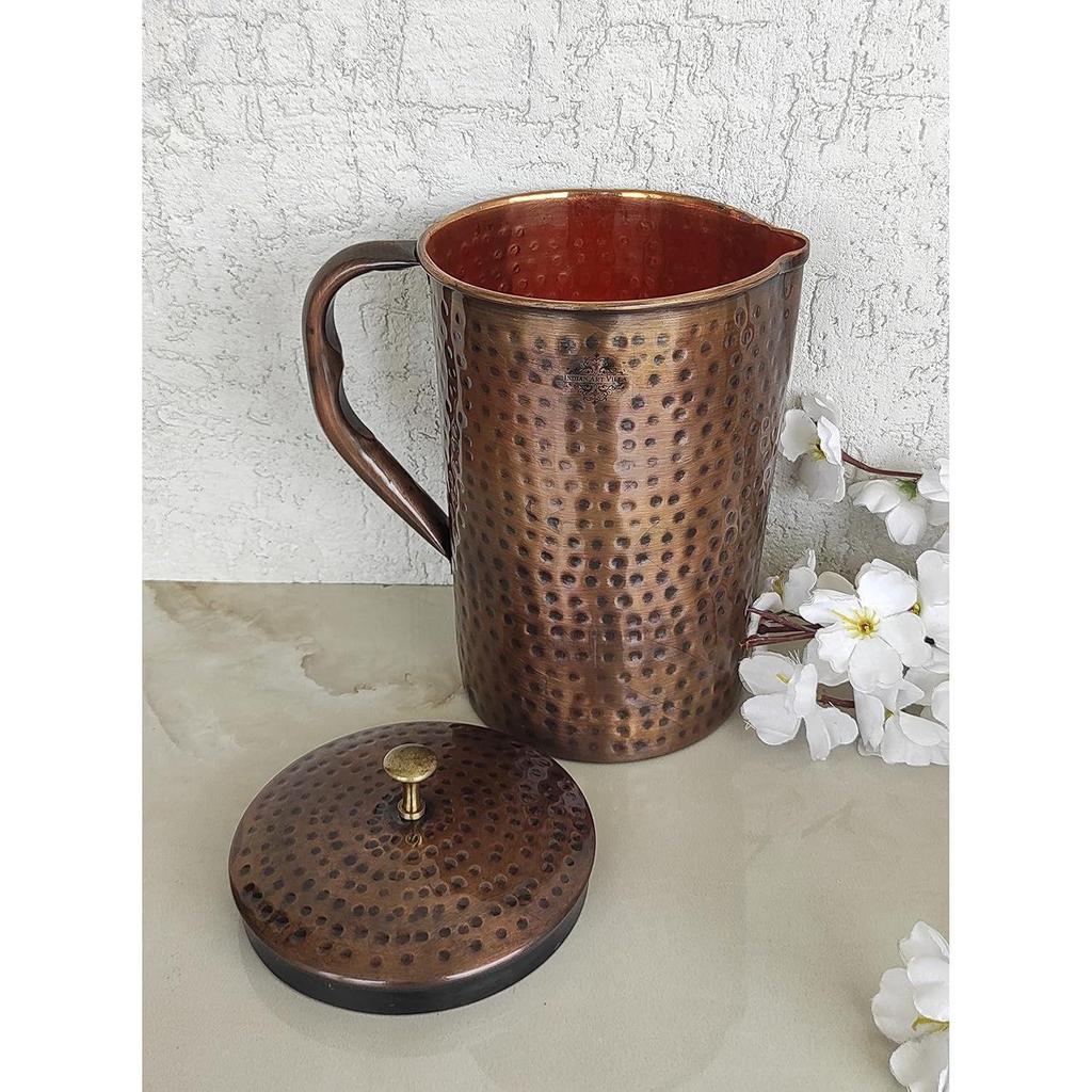 Pure Copper Drinkware Gift Set of 1 Jug & 6 Glass with Gift Box & Antique , Gifting Item for Diwali, Bithday & Parties, Jug-1.5 Litre & Glass-300 ML
