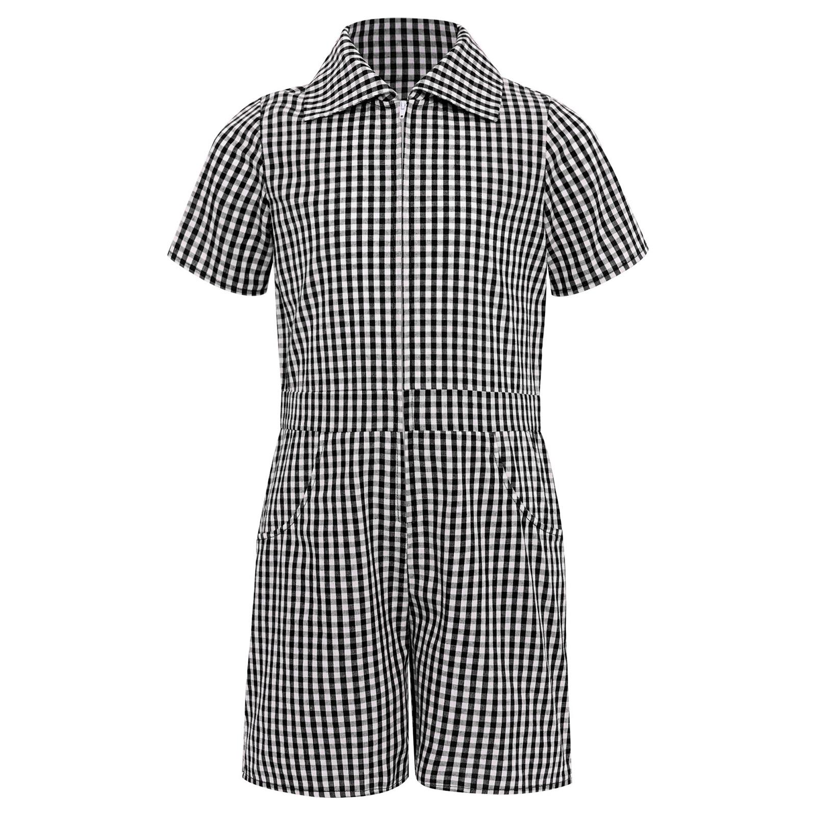 

Girls Plaid Playsuit School Uniform Turn Down Collar Short Sleeve Front Zipper Jumpsuit Casual Outfit 5-6 Years чорний