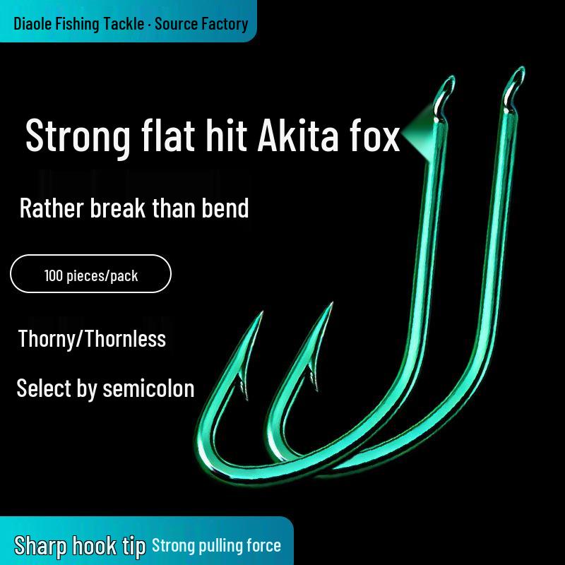 100-Piece Akita Fox High Carbon Steel Flat Bent Barbed Fish Hooks, Green