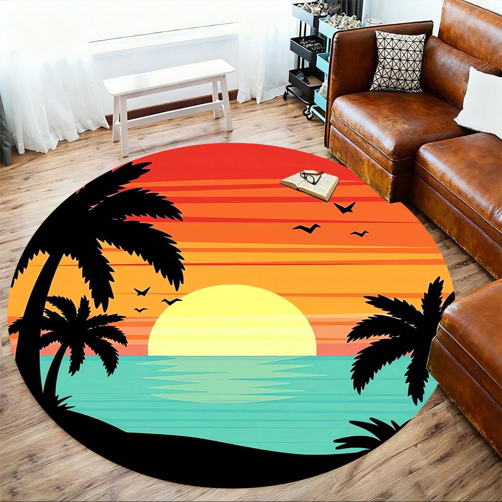 1pc Sunset Palm Trees Round Chair Mat Area Rug - Non-Slip, Floor Mat for Office, Bedroom, Home Decor Christmas Gift P0811203