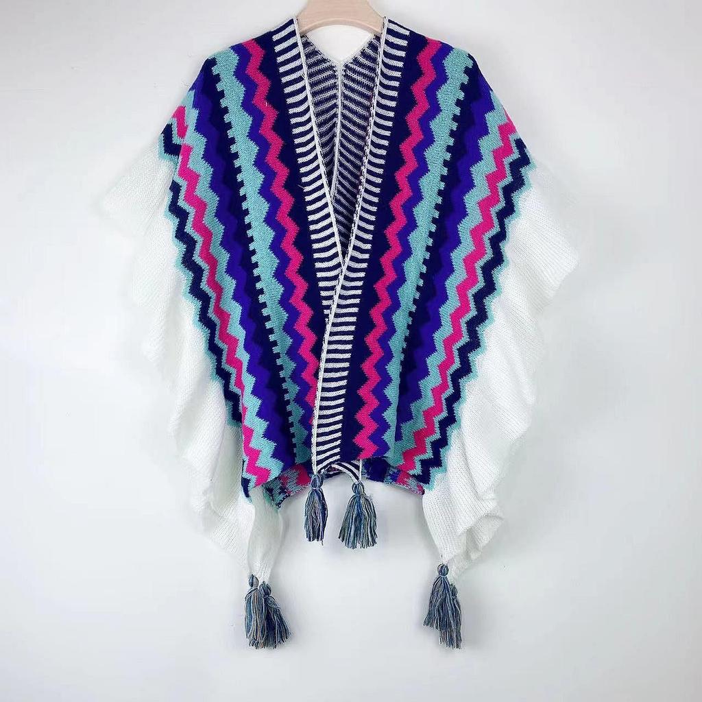 Bohemian Shawl: Autumn/Winter Striped Ruffle Cape - Qinghai-Tibet Line Travel Wear