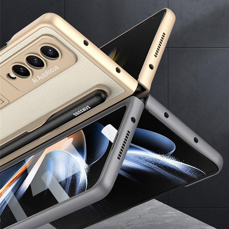 Bracket Leather Pen Slot Cover For Samsung Galaxy Z Fold 4 Case Hard Full Protection Cover With Front Film (No Pen )