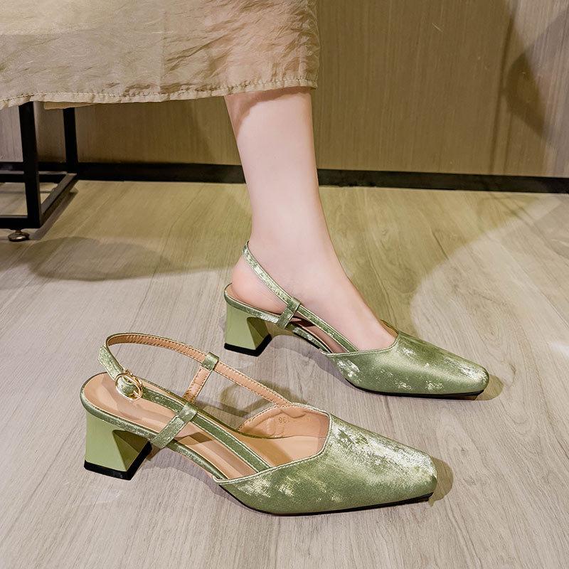 French thick heel rear empty single shoes bag head sandals women's 2025 new summer green rear strap square head high heels