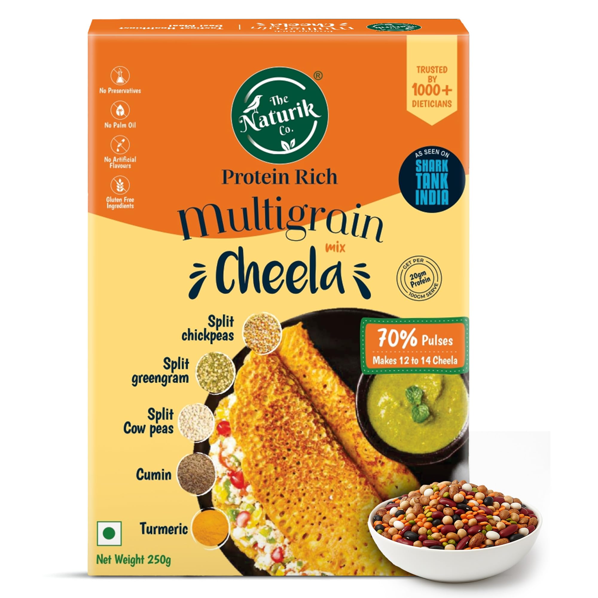 The Naturik Co. Multigrain Chilla Mix 250g: Instant, Ready-to-Cook Cheela & Dosa Mix with 70% Pulses & 20% Protein, Healthy Breakfast Optio