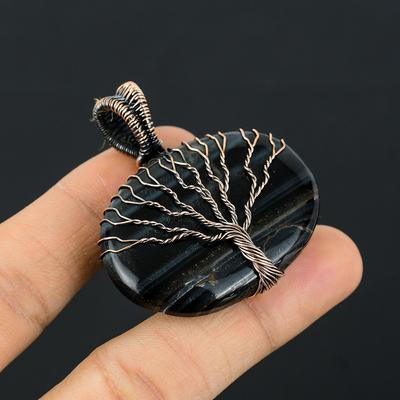 Tree Of Life Blue Tiger Eye Gemstone Copper Wire Wrap Handmade Pendant Jewelry Gift For Her